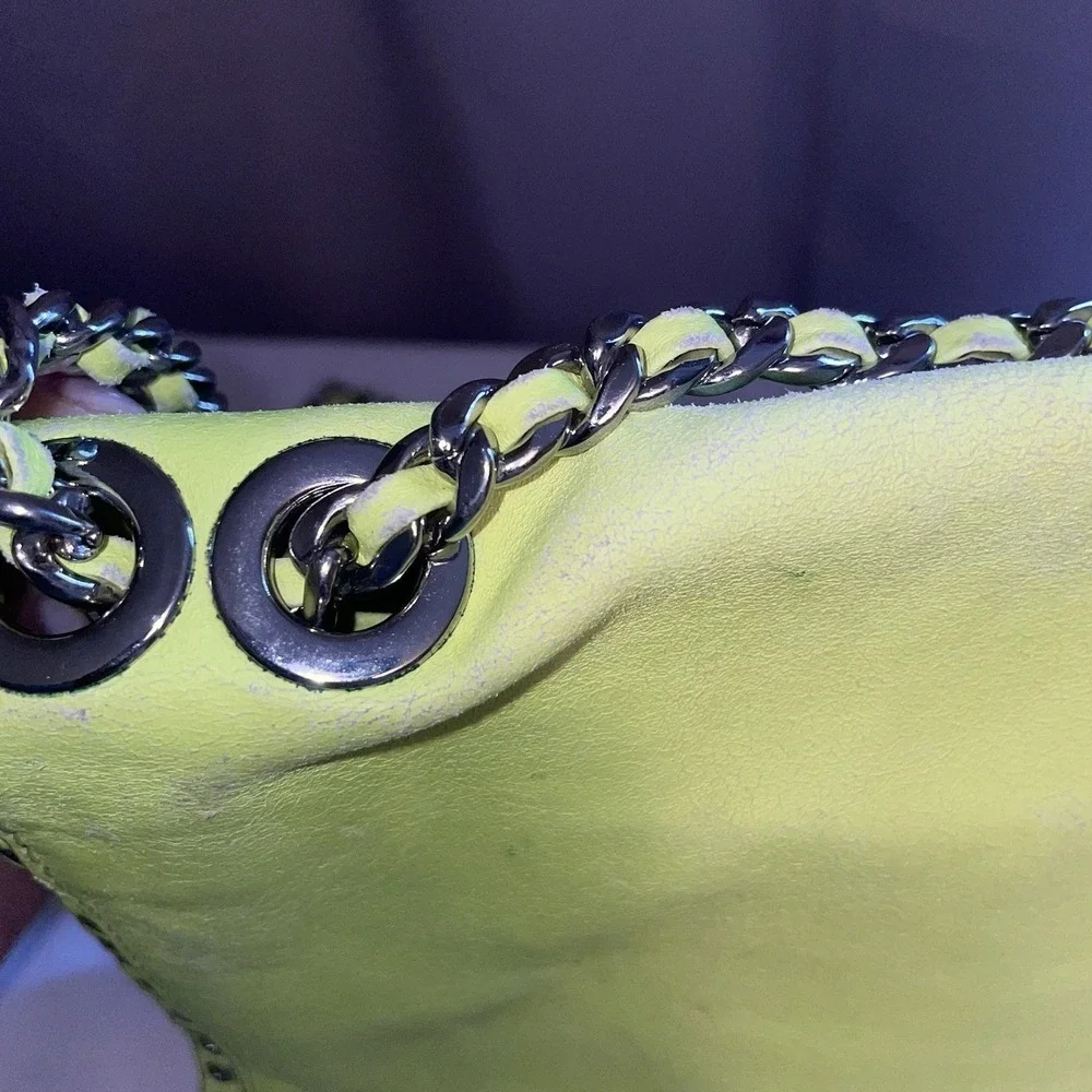 Rebecca Minkoff Bow Studded Shoulder Crossbody Bag Purse Neon Yellow Chain Strap